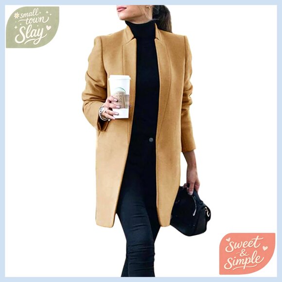Wool Pea Coat Long Blazer Jacket with Pockets for Fall Winter